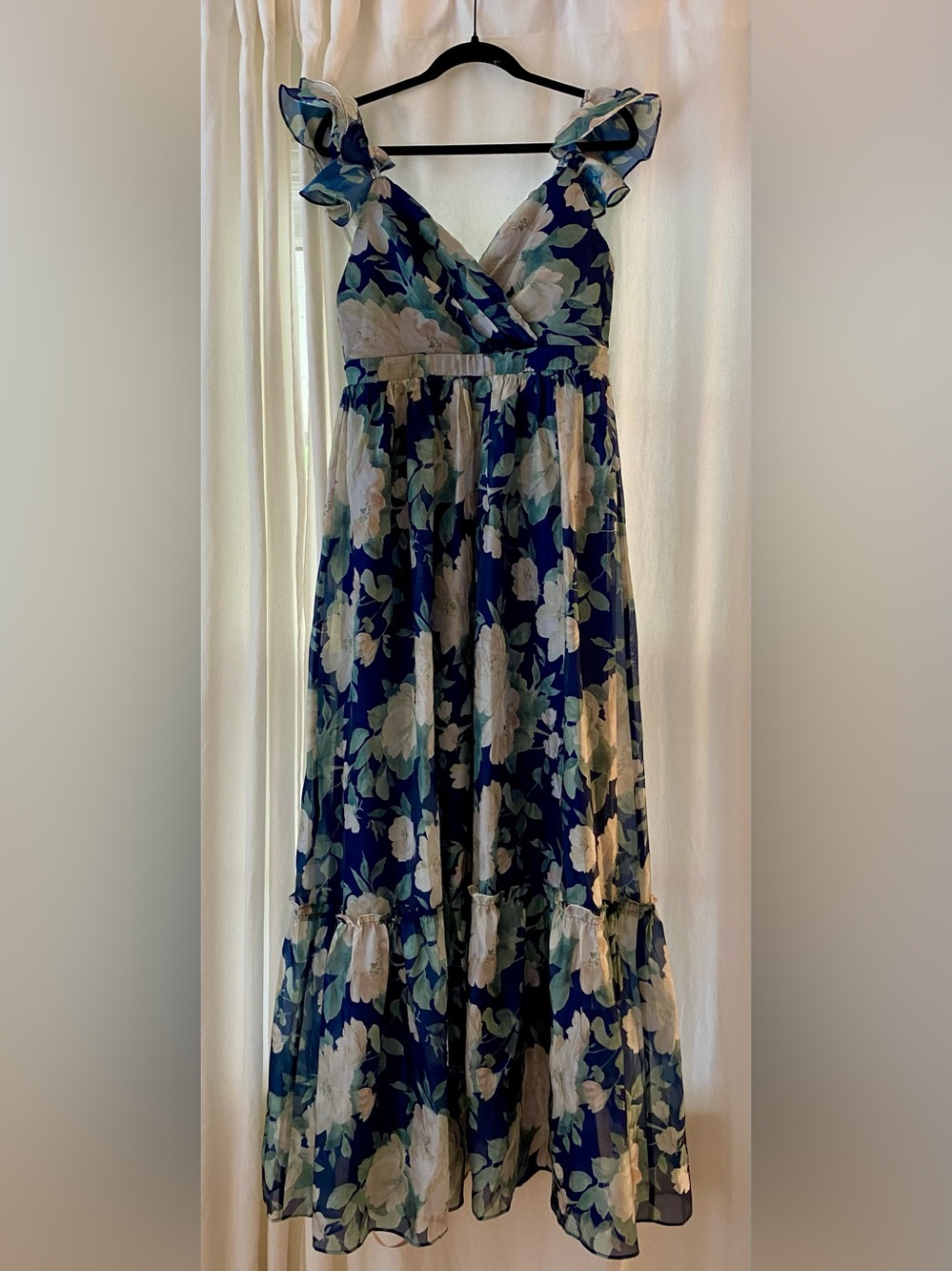 Lulus Soiree Perfection Navy Floral Ruffled Tiered Maxi Dress Blue - Size L - Picture 2 of 9